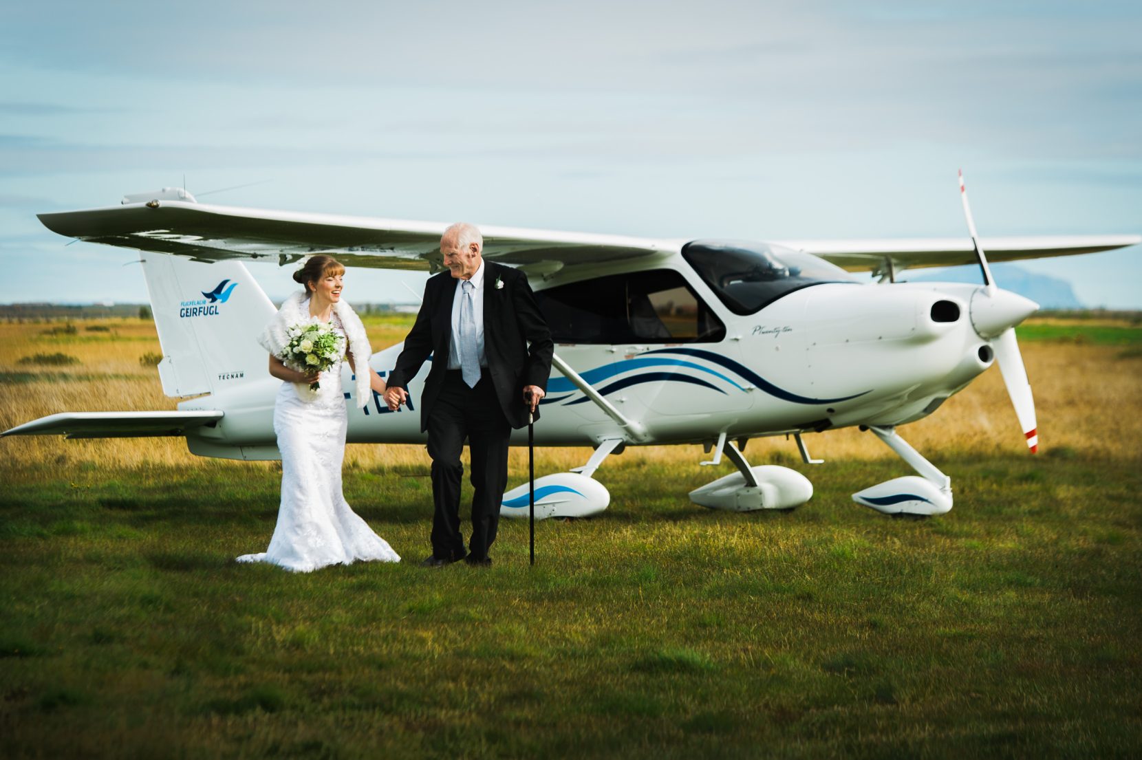 bride and father arrive by private plane reykjavik to hella iceland