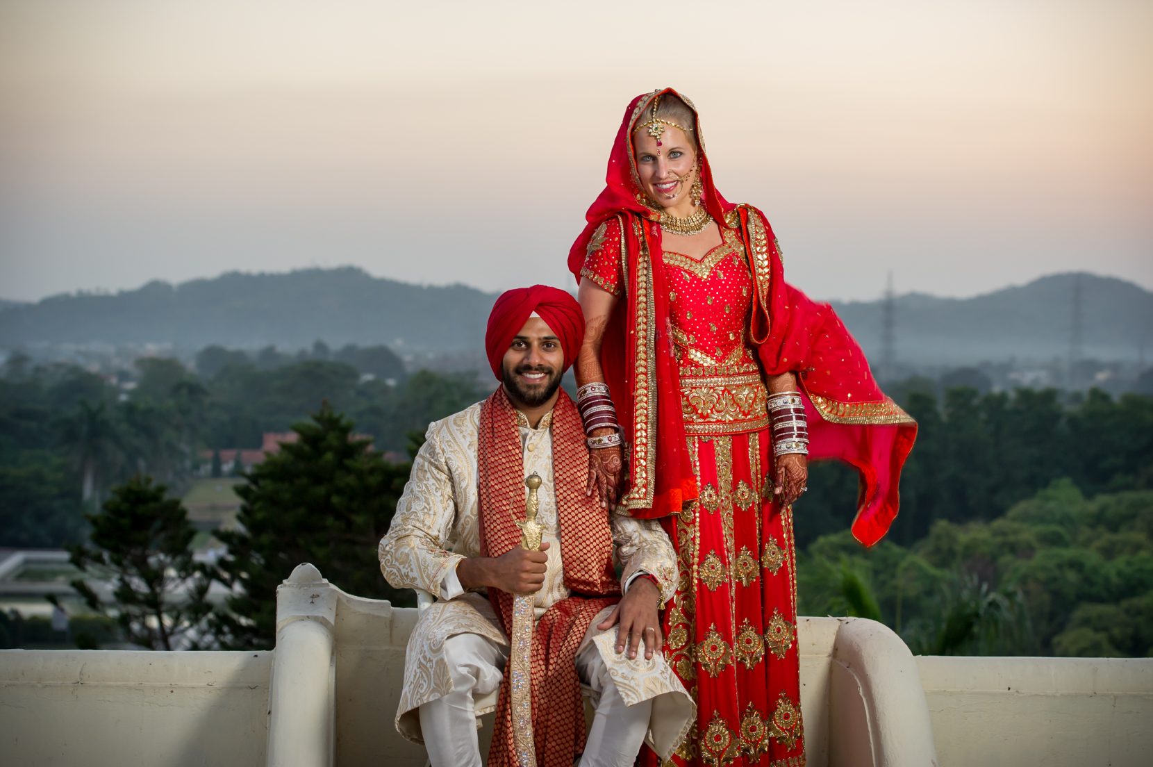 couple portrait on rooftop at sunset chandigarh biracial